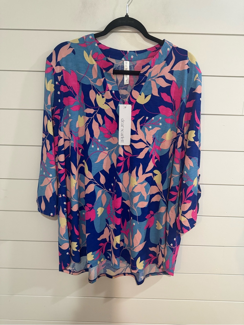 Dear Scarlett Blue Floral V-Neck Tunic with Pink and Cream Leaves